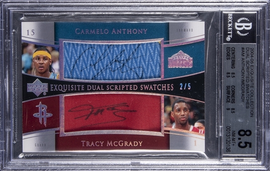 2004-05 UD "Exquisite Collection" Dual Scripted Swatches #AM Carmelo Anthony/Tracy McGrady Dual Signed Patch Card (#2/5) - BGS NM-MT+ 8.5/BGS 9